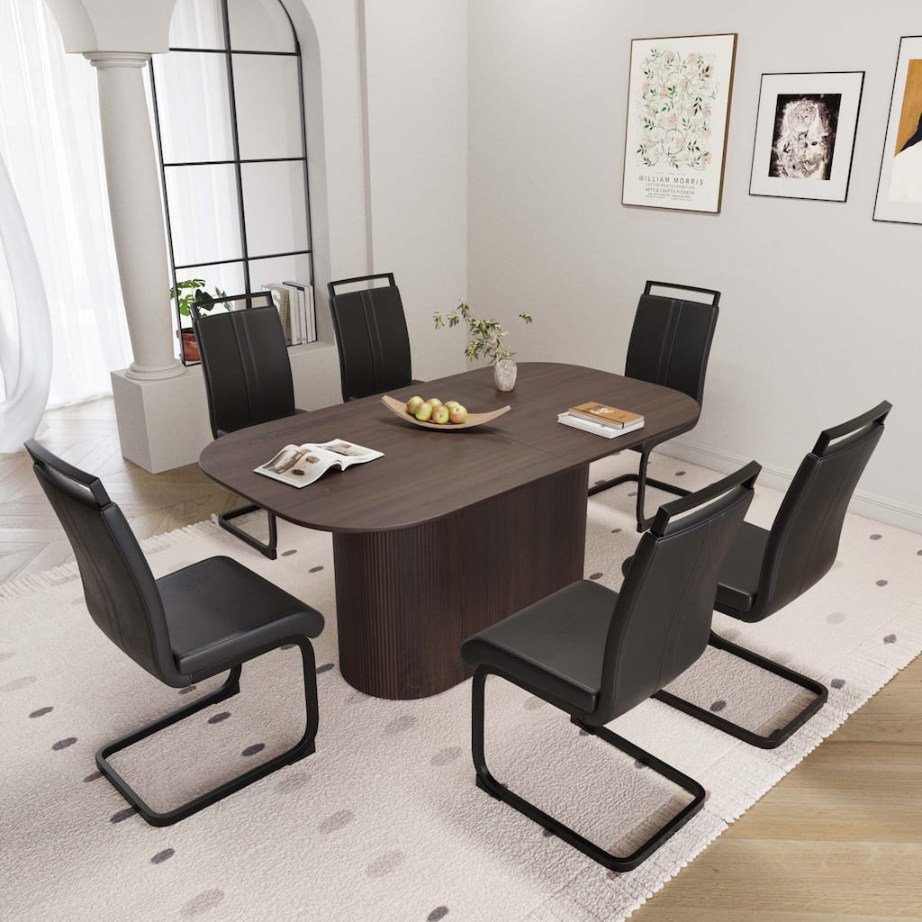 7-Piece Modern Dining Table Set, Kitchen Table Set with 6 Armless Leather Chairs & C-shaped Base for Dining Room