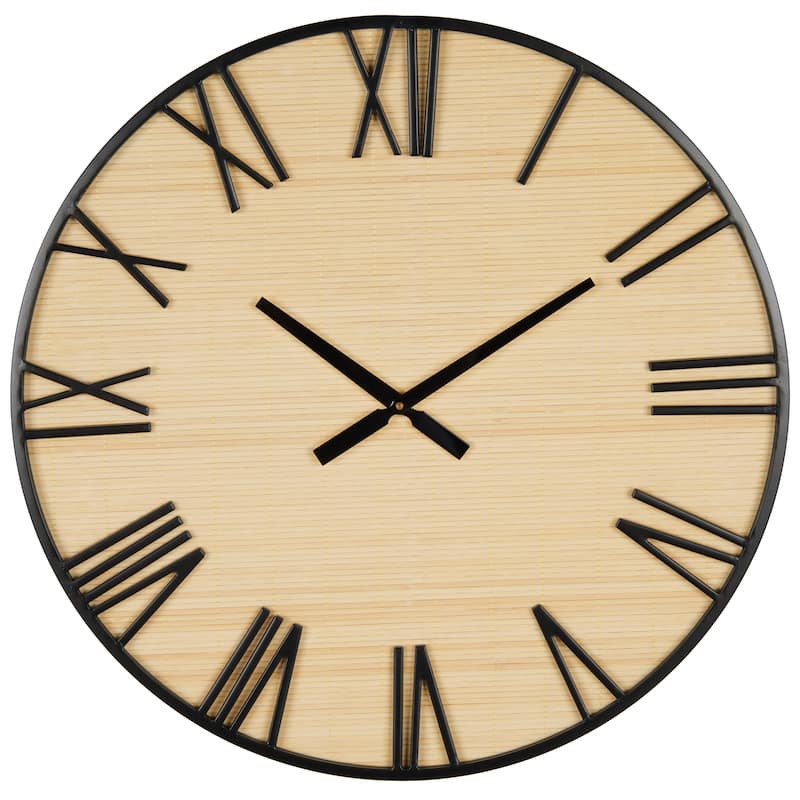 Wooden Wall Clock with Black Metal Numbers and Frame - Light Brown - Roche River Decor - 2"W x 28"L x 28"H