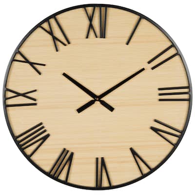 Wooden Wall Clock with Black Metal Numbers and Frame - Light Brown - Roche River Decor - 2"W x 28"L x 28"H