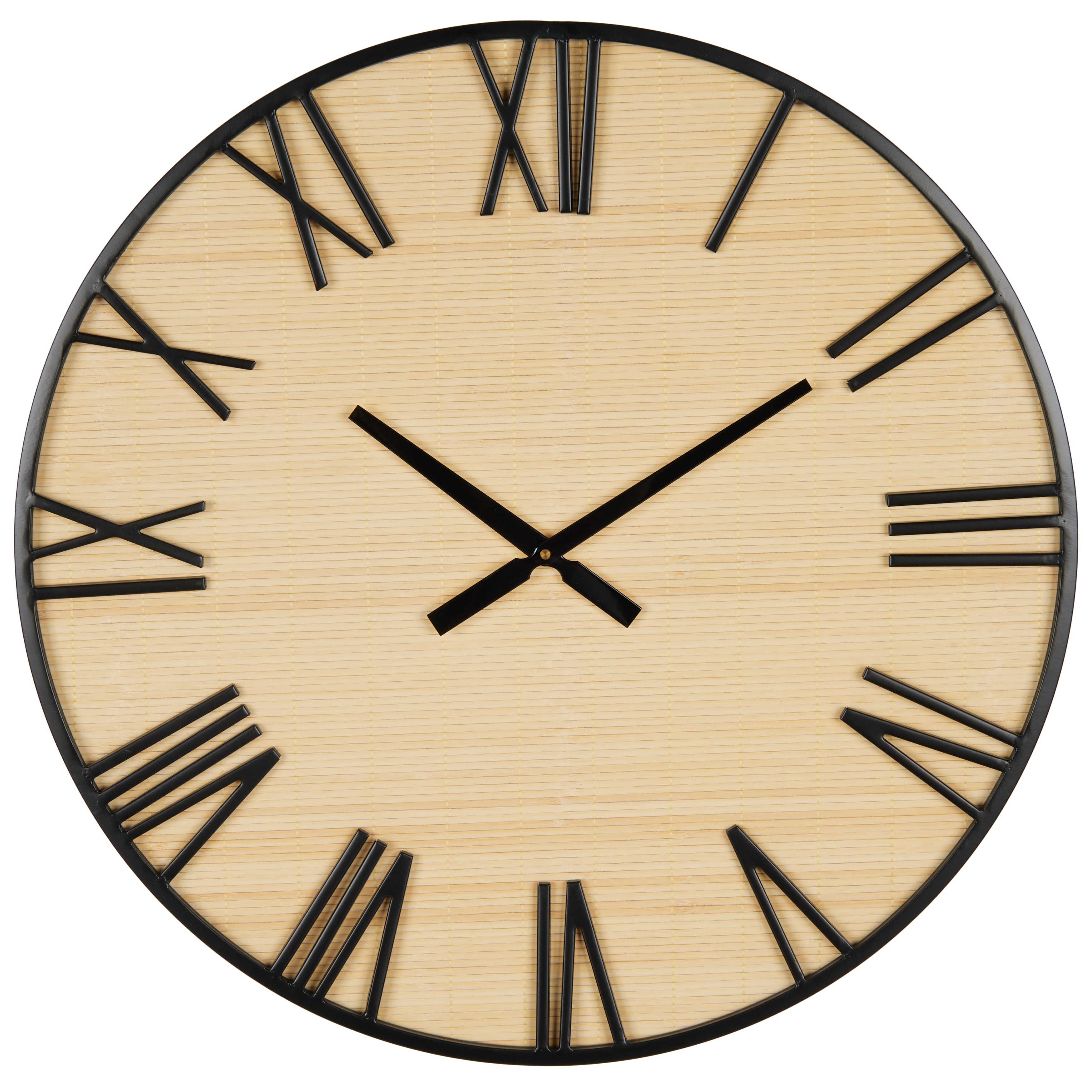 Wooden Wall Clock with Black Metal Numbers and Frame - Light Brown - Roche River Decor - 2"W x 28"L x 28"H