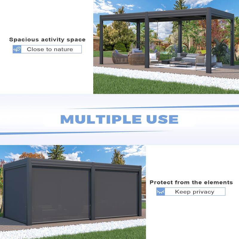 EROMMY Outdoor Louvered Pergola Gazebo with Adjustable Aluminum Rainproof Roof and Pull-Down Screen