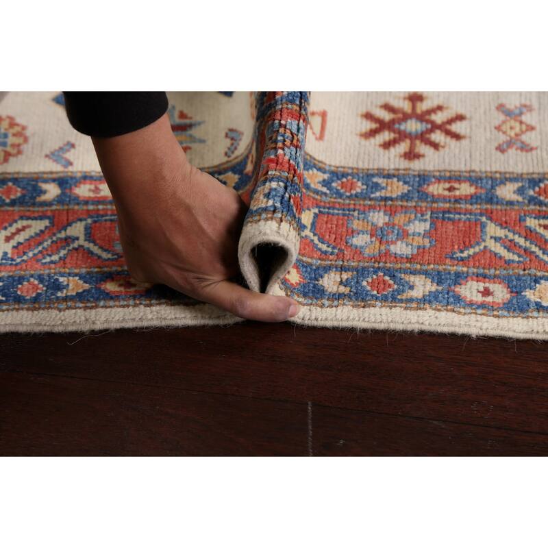 Geometric Kazak Oriental Wool Area Rug Hand-knotted Kitchen Carpet - 3'1" x 4'10"