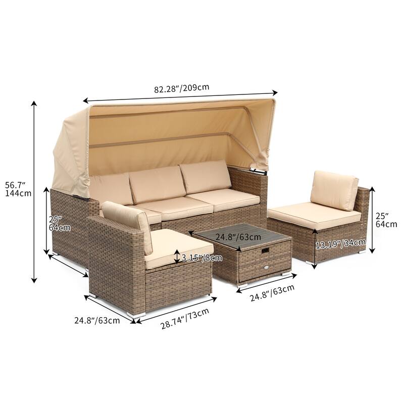 Moasis 6 Pieces Patio Wicker Sofa Daybed Furniture Set with Retractable Canopy - 7 Pcs