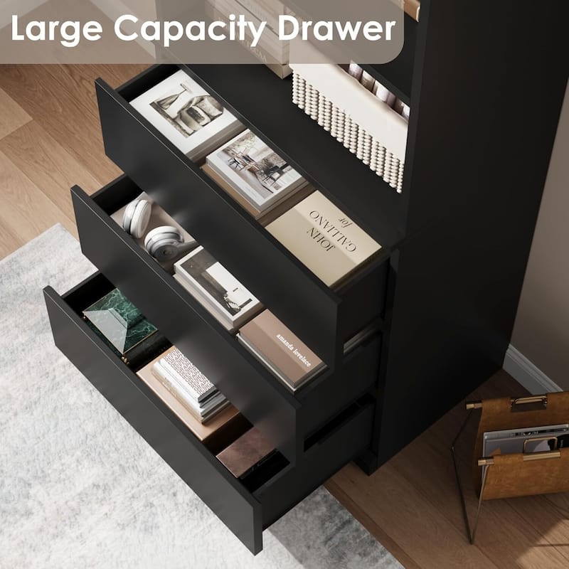 70 Inch Freestanding Modern Tall Bookcase with 3 Drawers - N/A