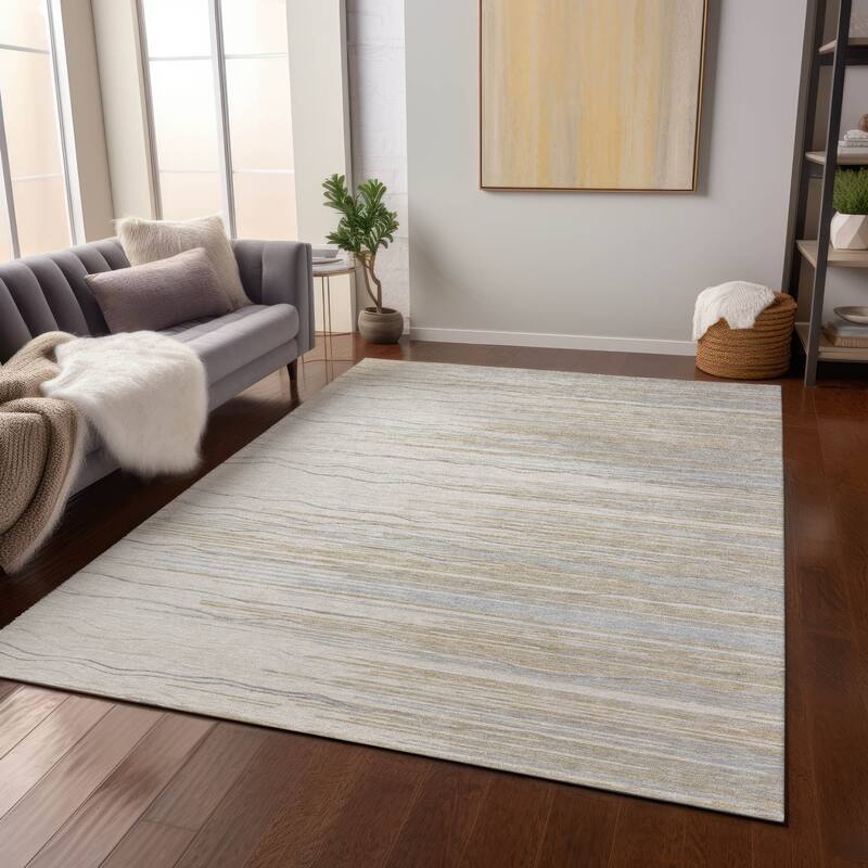 Machine Washable Indoor/ Outdoor Modern Stripe Chantille Rug - Linen - 10' x 14'