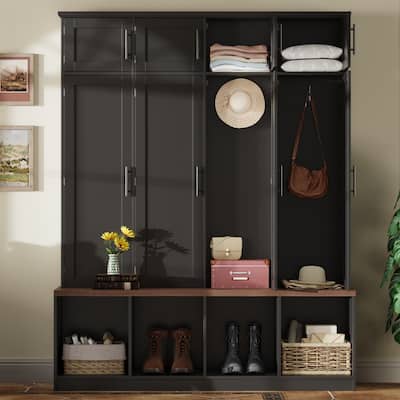 59"L Hall Tree with 4 Hidden Hanging Hooks,Seating Bench with 8 Doors