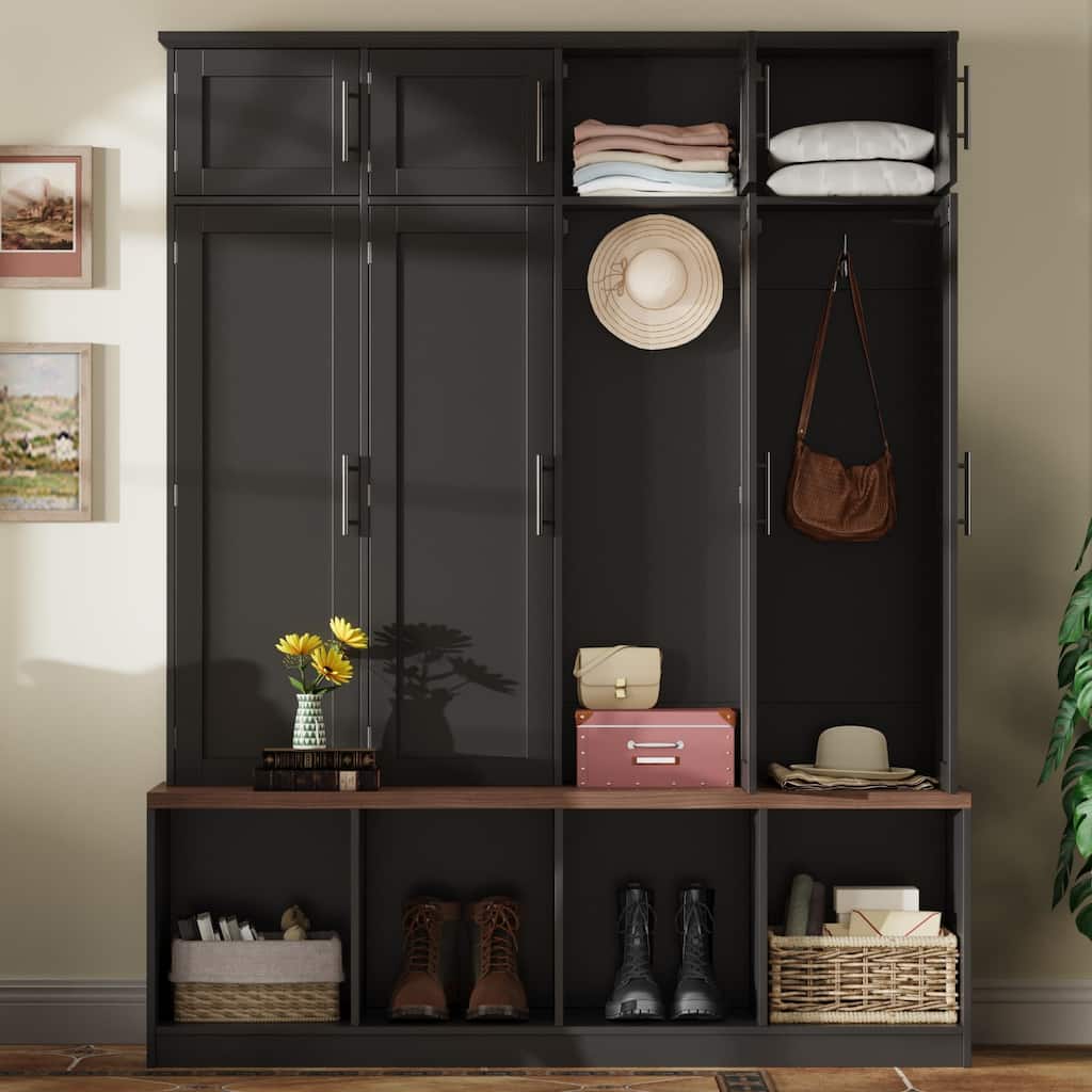 59"L Hall Tree with 4 Hidden Hanging Hooks,Seating Bench with 8 Doors