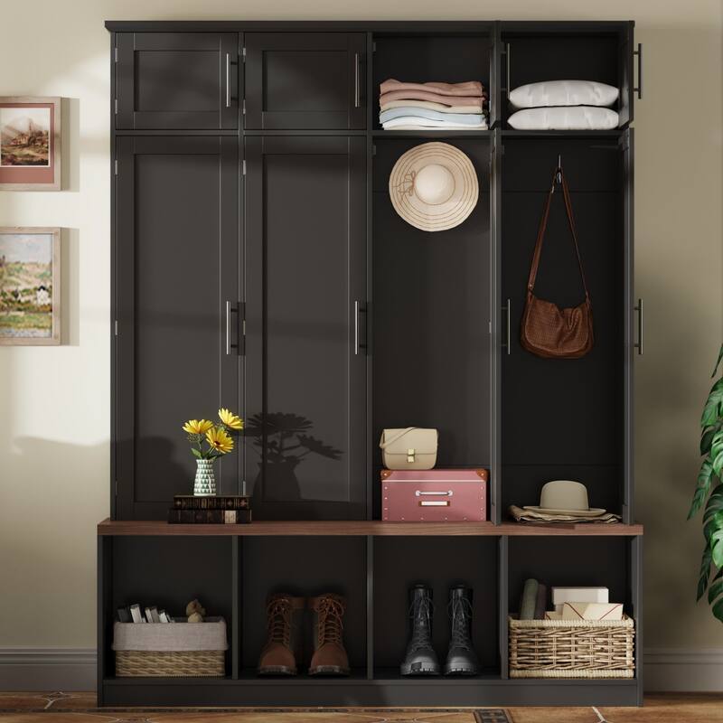 Roomfitters Farmhouse Hall Tree, 4 Hidden Hooks, Walnut Bench with 8 Doors, Entryway Shoe Cabinet - Black