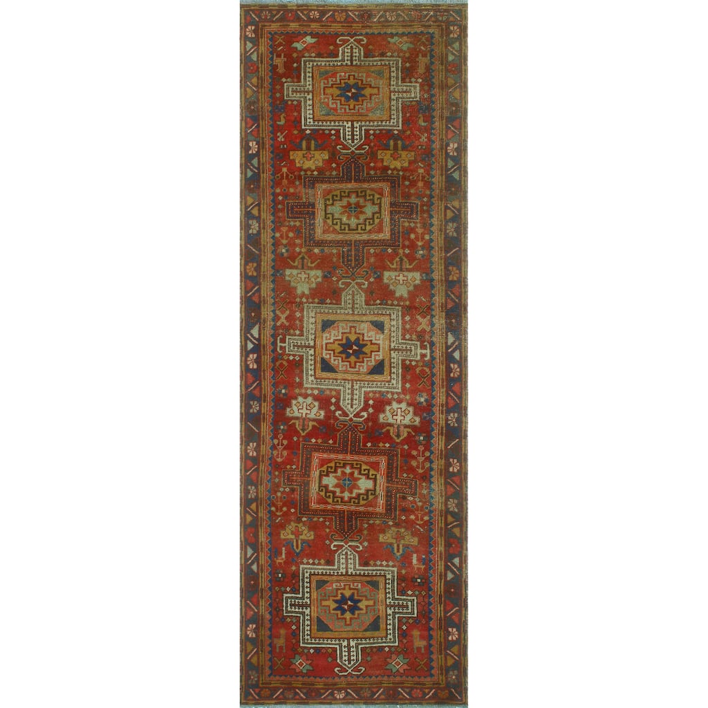 Fine Vintage Distressed Sandy Red/Navy Runner - 3'5" x 10'7"