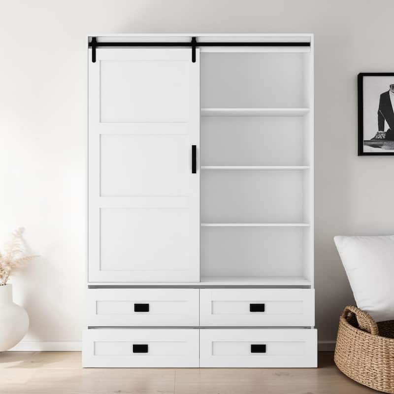 Tall Armoire Wardrobe Closet with Hanging Rod Barn Door 4 Drawers and 3 Open Shelves MDF Bedroom Storage Cabinet