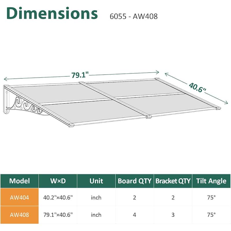 MCombo Window Awning Door Canopy Exterior 40'' x 80'', Polycarbonate Cover Front Door Outdoor Patio Awning Canopy