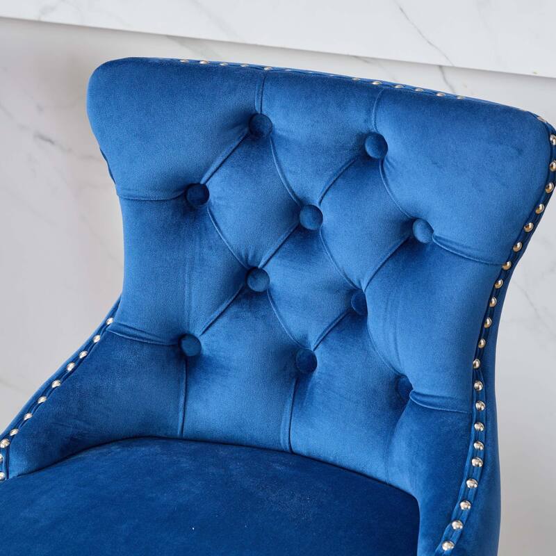 Swivel Velvet Barstools with Button Tufted, Wooden Legs, Chrome Nailhead Trim - Leisure Style Set of 2