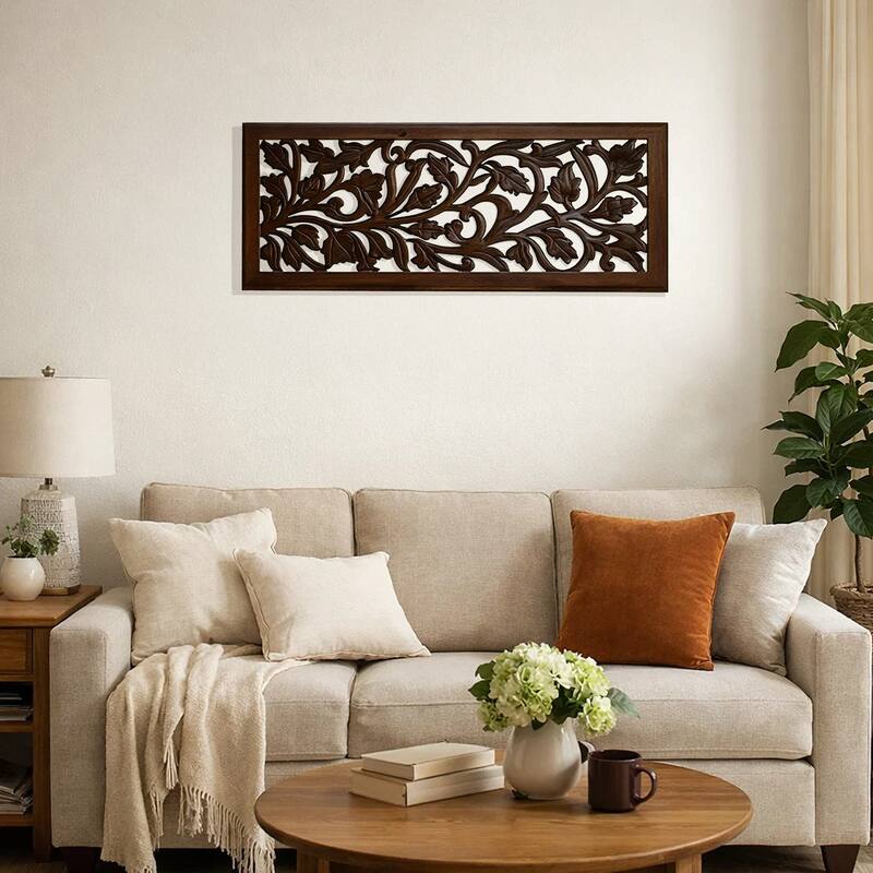 Mango Wood Wall Panel Hand Crafted with Leaves and Scroll Work Motif, Brown