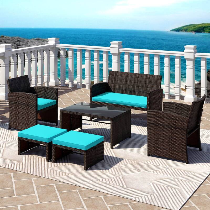Gymax 6 PCS Patio Furniture Set w/ 1 Loveseat 1 Coffee Table 2 - Turquoise