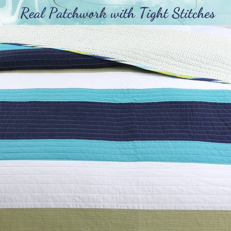 Cozy Line Aquamarine Stripe Patchwork Navy Blue Green Star Dot Cotton Reversible Quilt Bedding Set