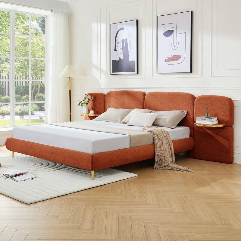 Christopher Knight Home - Thorne Upholstered Bed Frame with Headborad and 2 Side Panel Nightstands - Orange