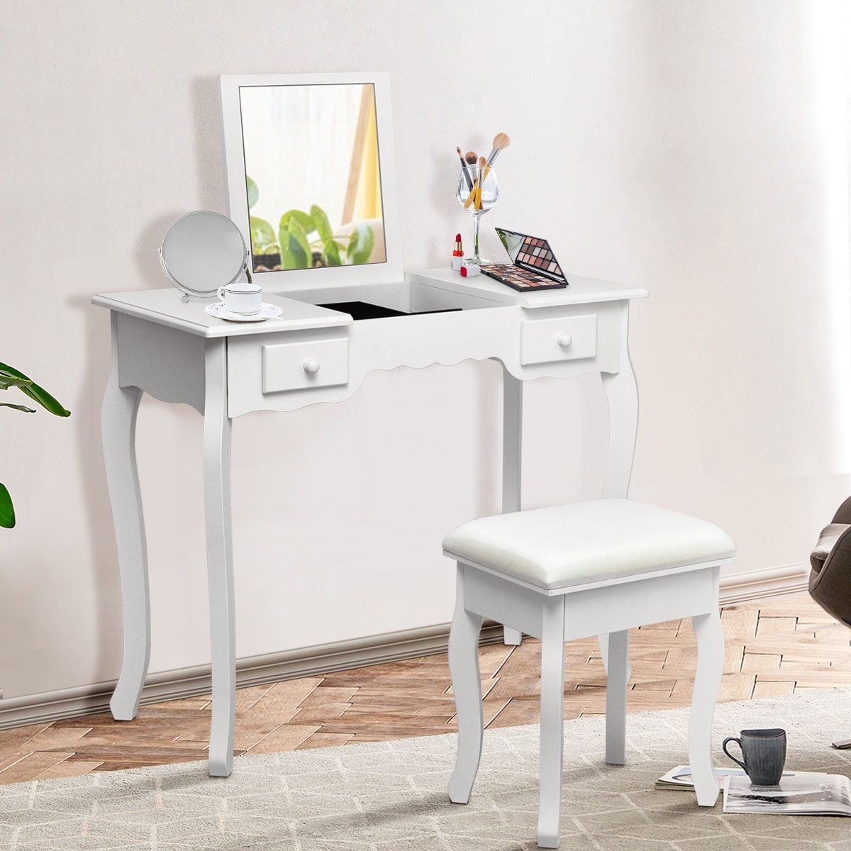 Shop Costway Wood Vanity Makeup Dressing Table Stool Set Bedroom