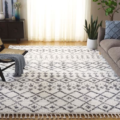 SAFAVIEH Berber Fringe Shag Leatha Trellis Rug - Cream/Dark Grey - 8' x 10'