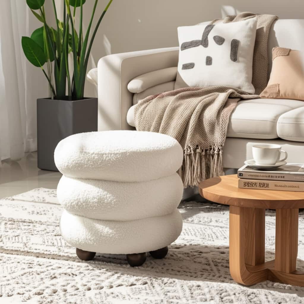 Wood Round Ottoman Pouf Ribbed Design Ball Feet Footstool - 18" Ivory