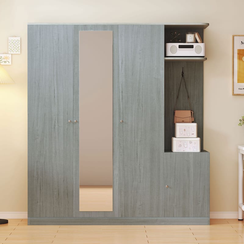 Roomfitters 4-Door Wardrobe with Full-Length Mirror, Storage Drawers and Adjustable Shelves - Grey