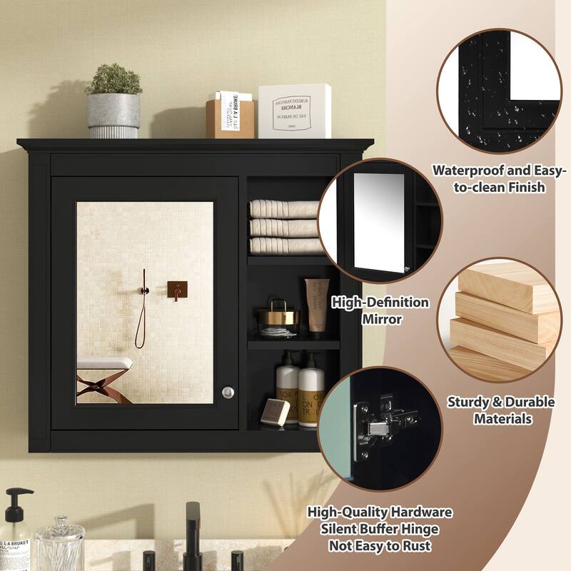 Modern Bathroom Wall Cabinet Medicine Cabinet with Mirror, 3 Open Compartments, Adjustable Shelf and Vintage Handle