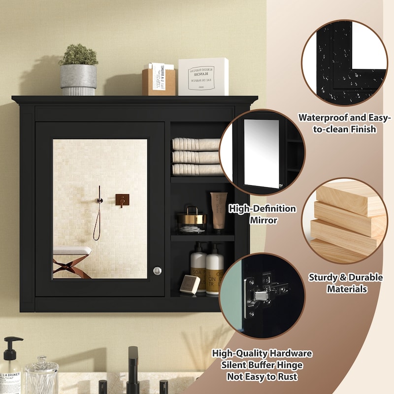 Modern Wall-Mounted Medicine Cabinet with Mirror and Open Shelves, 30" Bathroom Storage Cabinet