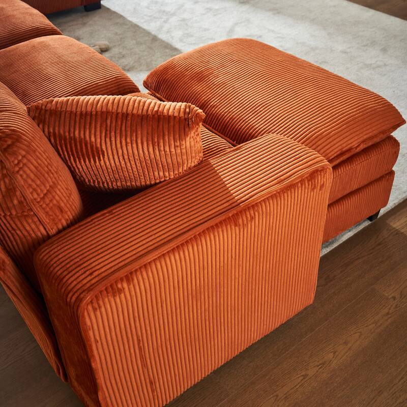 Orange 118.1'' Luxurious U-Shaped 6-Seat Sectional Sofa with Ottoman and 3 Throw Pillows in Durable Corduroy