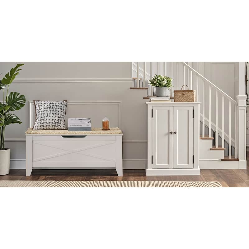 VECELO Storage Bench, Wooden Chest for Storage with Wicker Mat Safety Hinges Entryway Shoe Bench Storage Trunk(Set of 2)