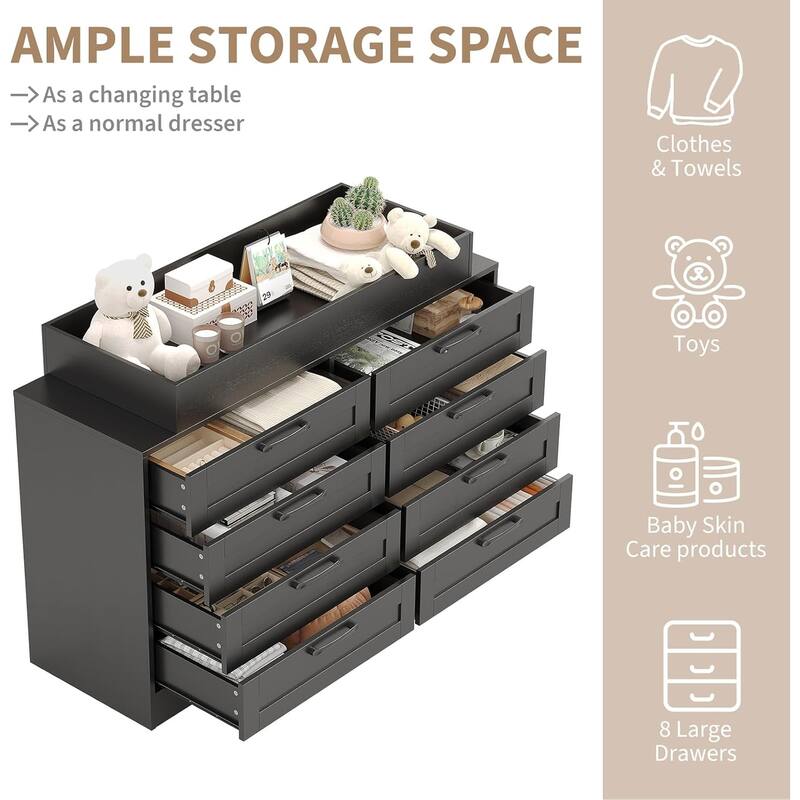 Baby Changing Dresser with 8 Drawers,Wooden Nursery Dresser with Safety Rail & Open Shelf