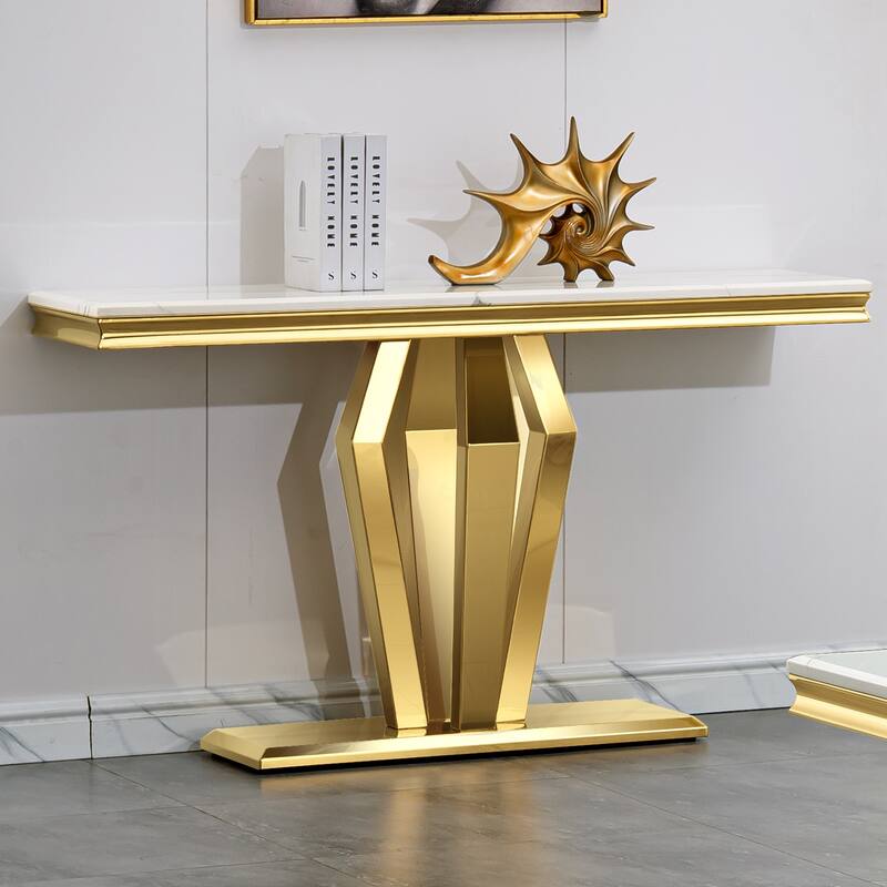 Luxury Rectangular Sofa Console Table Modern Living Room Entryway Table with Mirrored Gold Geometric Base