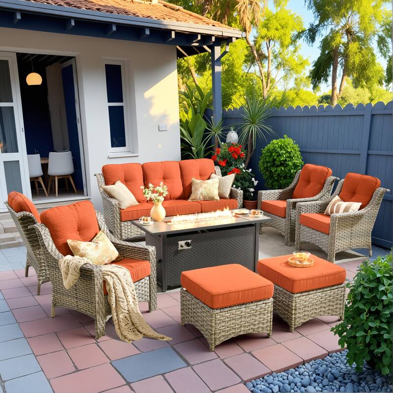 HOOOWOOO 8-piece Patio Wicker Chat Set Outdoor Conversation Sofa Set with Fire Pit - Red/Orange