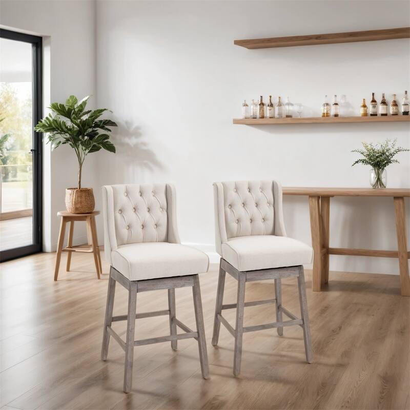 30" Height Swivel Bar Stools Set of 2 with Solid Wood Footrests - Beige