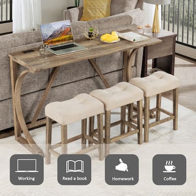 4-Piece Bar Table Set with Power Outlet, Dining Table and 3 Upholstered Stools for Living Room, Dining Room and Game Room,Brown