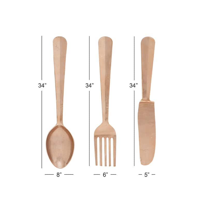 Aluminum Metal Large Knife, Spoon, and Fork Utensils Wall Decor (Set of 3) - Silver or Copper