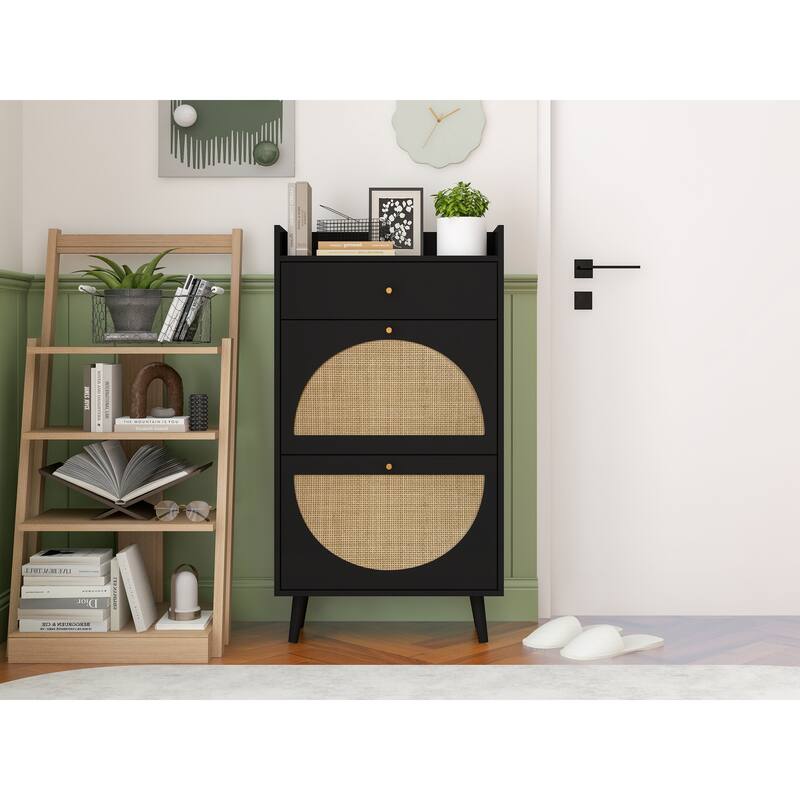 Entryway Shoe Storage Cabinet, Freestanding Rattan Shoe Rack, Shoe Organizer with 2 Flip Drawers & 1 Pull-Out drawer