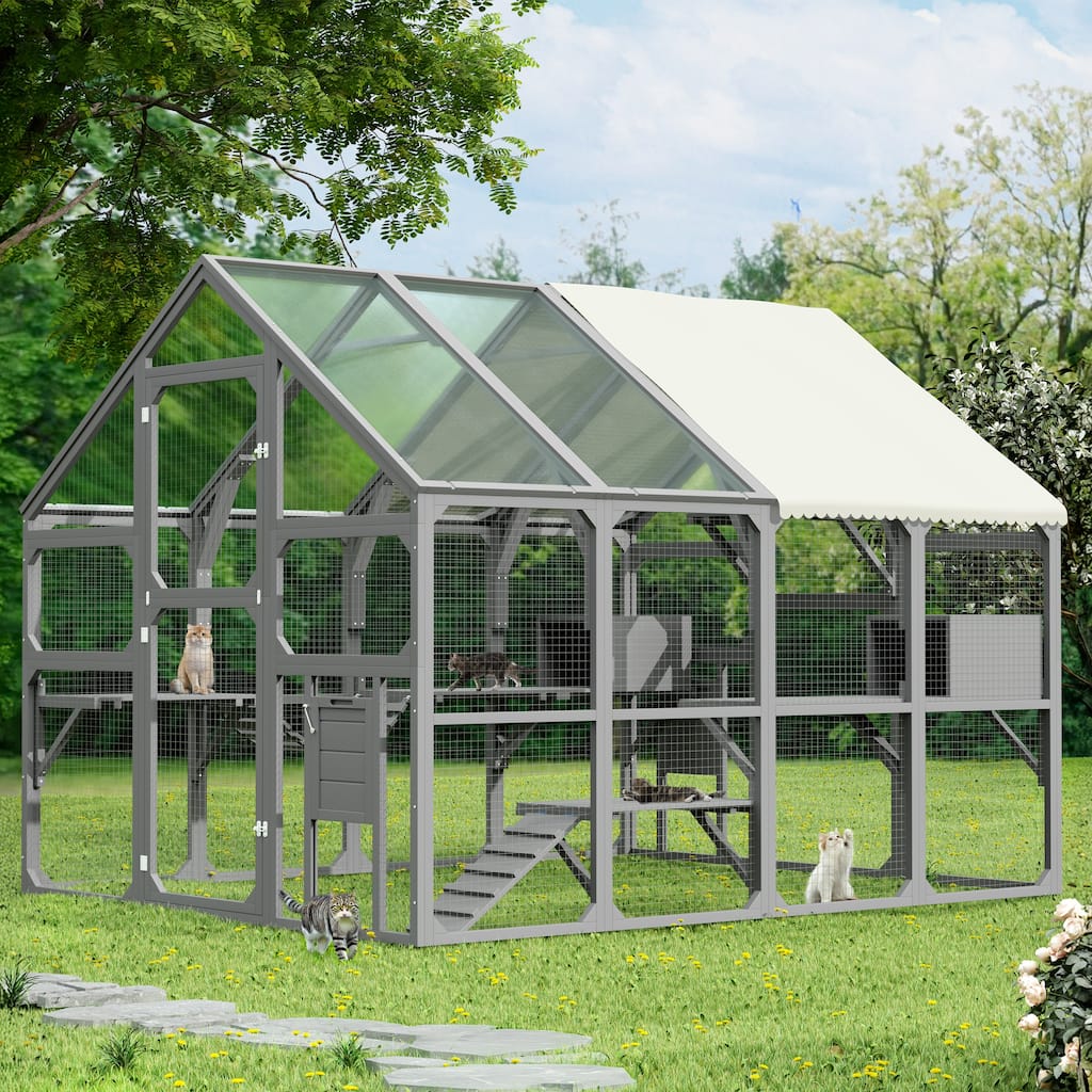 Roomfitters Large Catio Outdoor Cat Enclosure Wooden Cat House with 7 Platforms 2 Resting Boxes and Bridge Grey