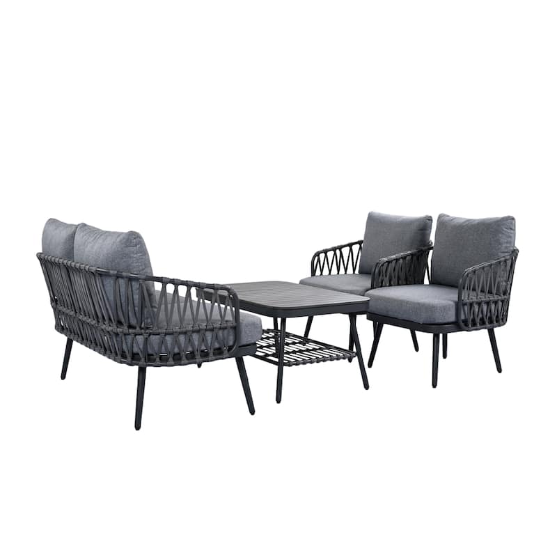 4-Piece Outdoor Patio Furniture Set, All Weather Sectional Furniture Set with Woven Rope Chairs and Coffee Table