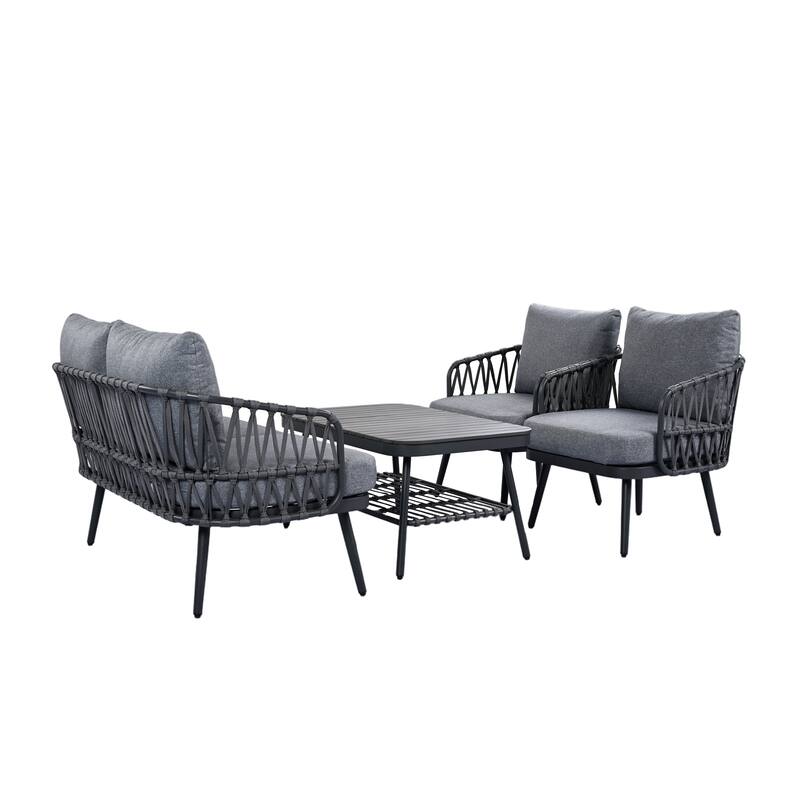 Roomfitters 4-Piece Outdoor Patio Conversation Set with Woven Rope Backrest, Cushions and Metal Frame Chairs