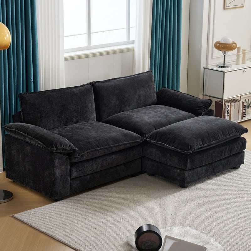 217*141*85 Chenille Two-Seater With Footstool Double Bag Indoor Double Sofa - 2+1 - Black Chenille