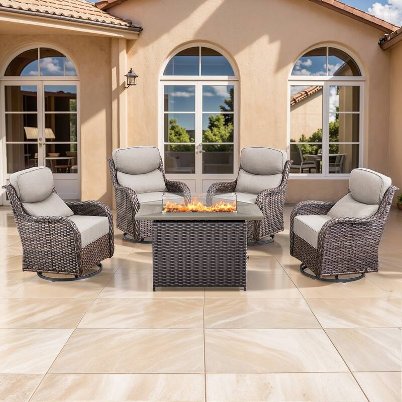 Pocassy Outdoor 6 Inch Sofa Chair Ottoman with Fire Pit Table Set - Brown Wicker Beige Cushion - 5 Pieces Swivel Chair with Fire Table