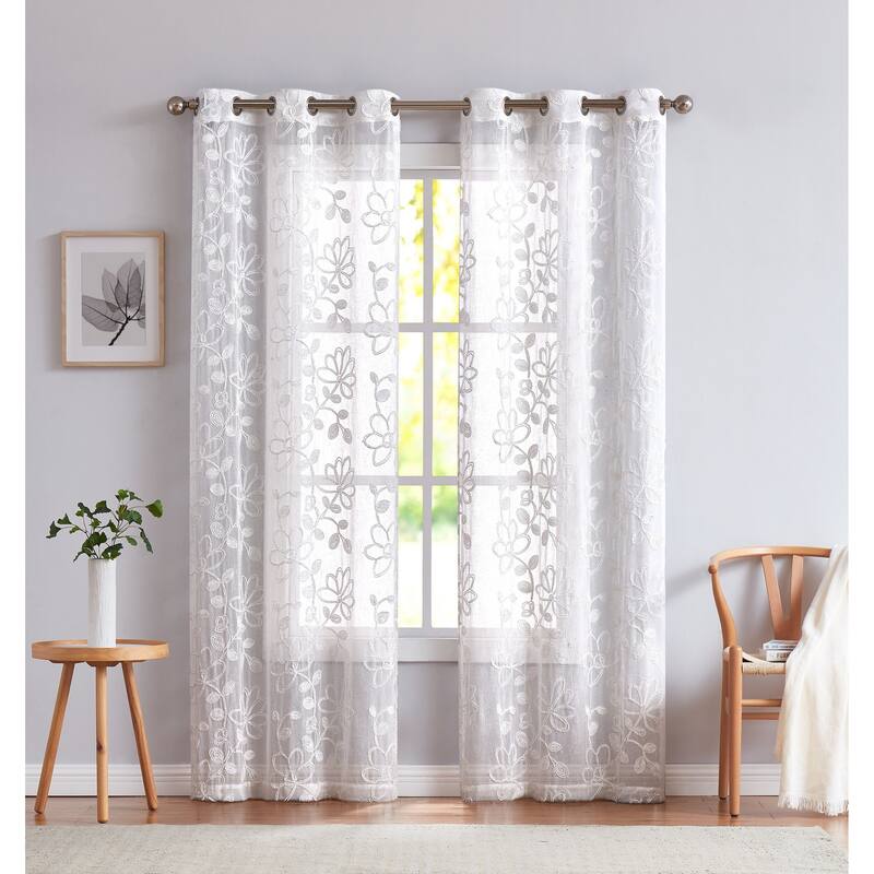 HomeRoots Set of Two 84" White Floral Embroidered Window Panels - 84" x 76"