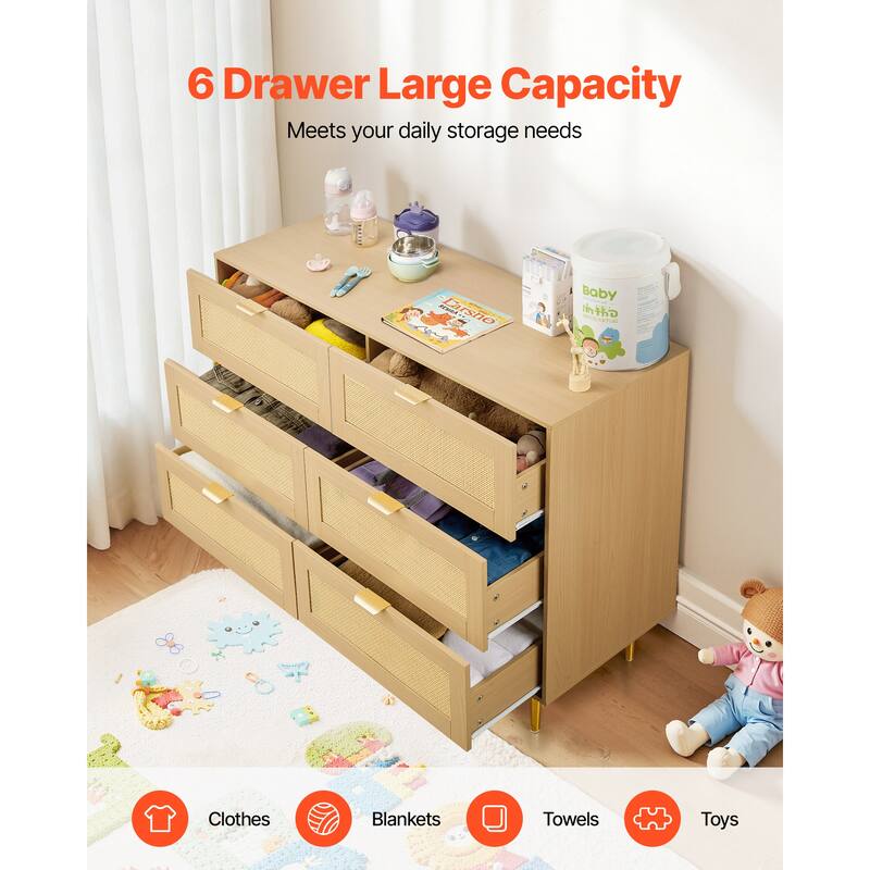 6 Drawer Rattan Dresser Chest of Drawers with Metal Handles, Clothing ...