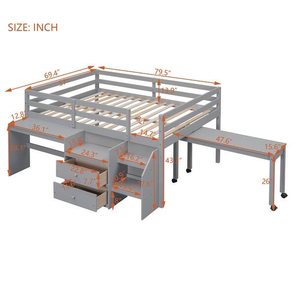 Gray Wooden Loft Bed with Movable Desk and Small desk, 2 Drawers, Full-Length Guardrail