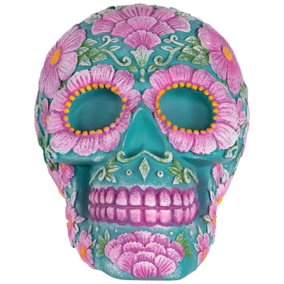 Day of the Dead Skull Coin Bank - 7.75" - Teal Blue and Pink