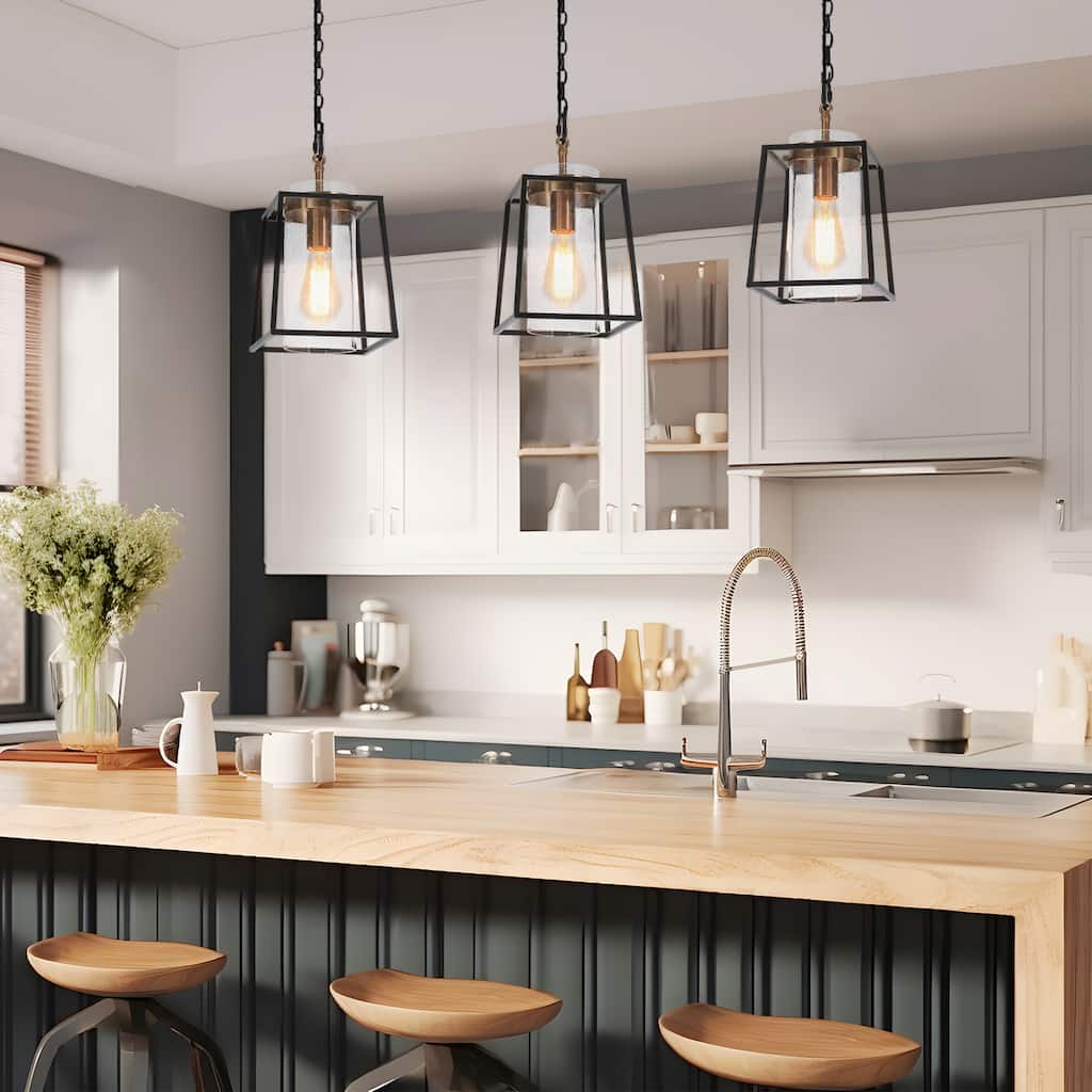 Modern Farmhouse 1-Light Lantern Pendant Lights Black Kitchen Island Lights - D 7.5'' x H 72.5''