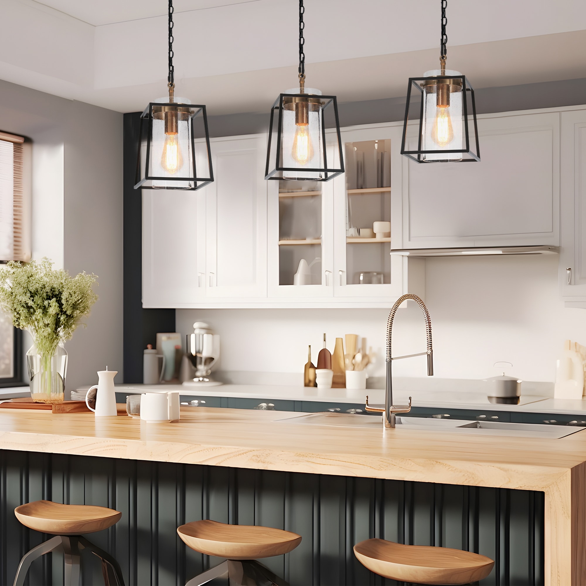 Modern Farmhouse 1-Light Lantern Pendant Lights Black Kitchen Island Lights - D 7.5'' x H 72.5''