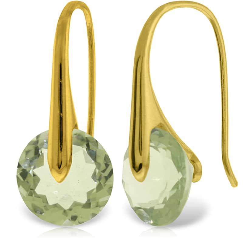 14K Solid Gold Fish Hook Green Amethyst Earrings Gemstone Jewelry - Yellow