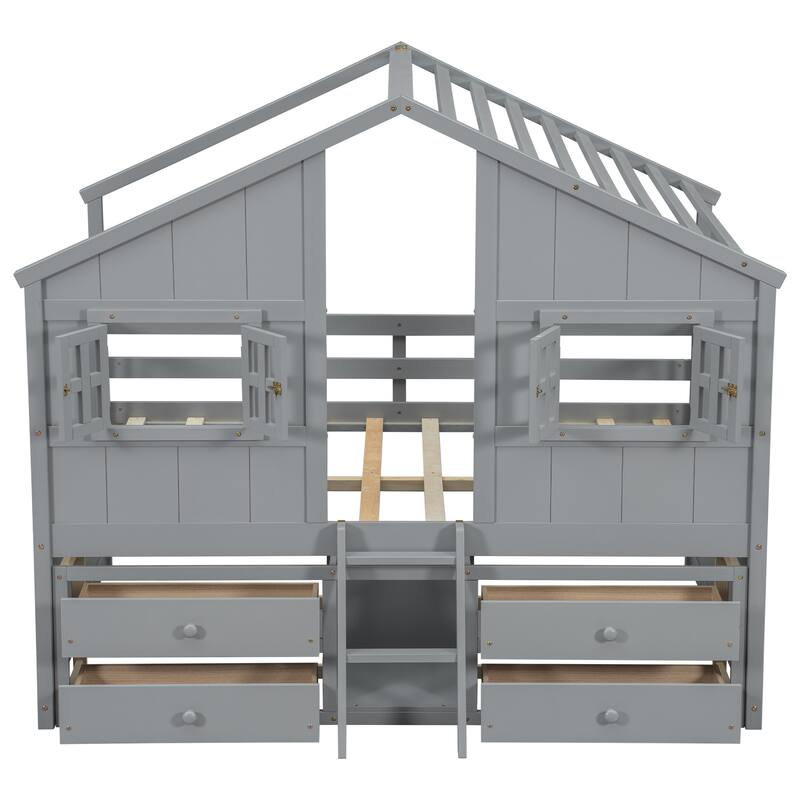 Wood Full Size House Loft Bed with Roof, Windows,4 Storage Drawers