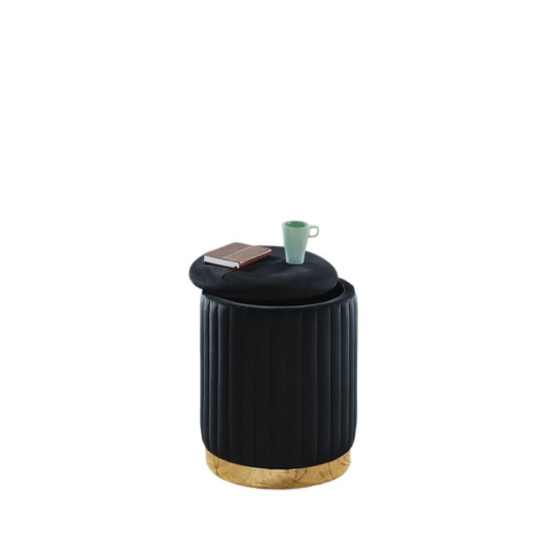 Black Velvet Channel-Tufted Round Storage Ottoman With Gold Base
