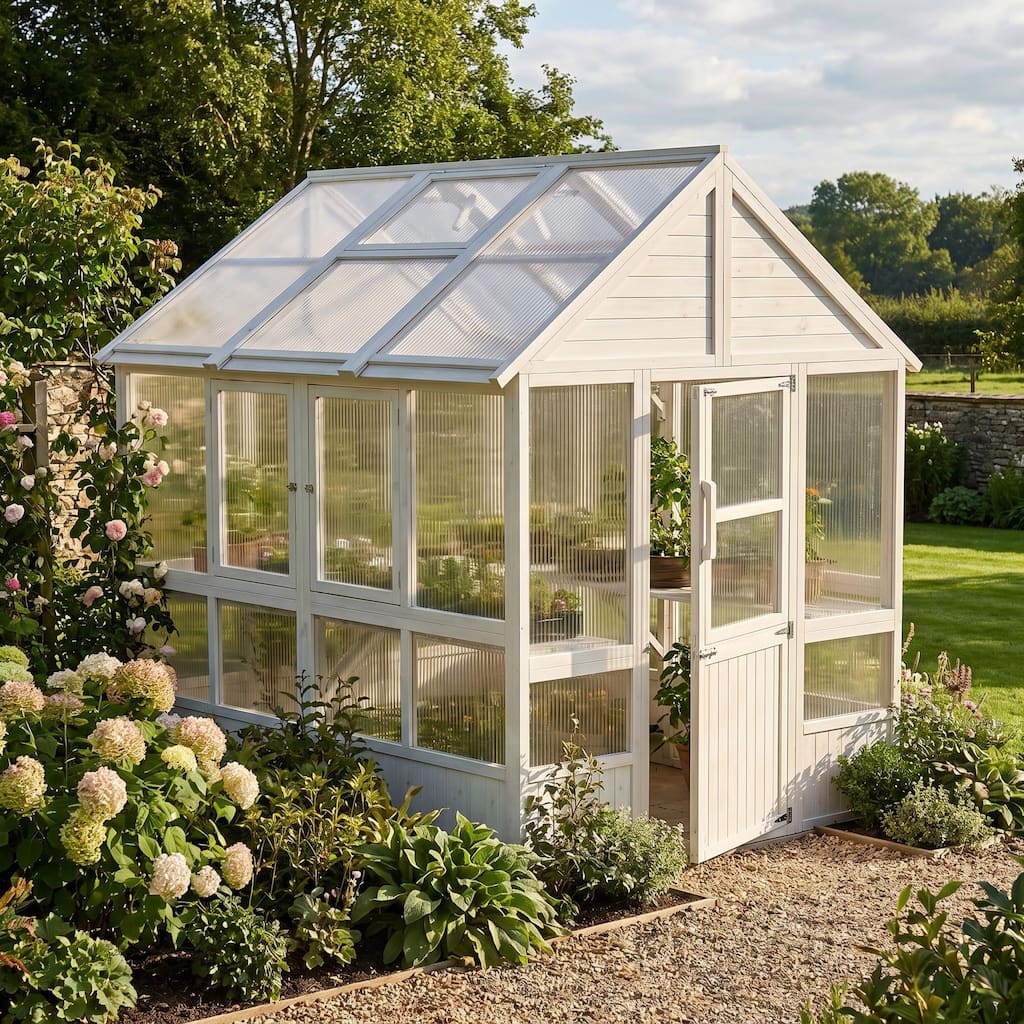 Walk-In Solid Wood Greenhouse with Polycarbonate Panels, Outdoor Garden Greenhouse Kit Heavy Duty Cedar Frame